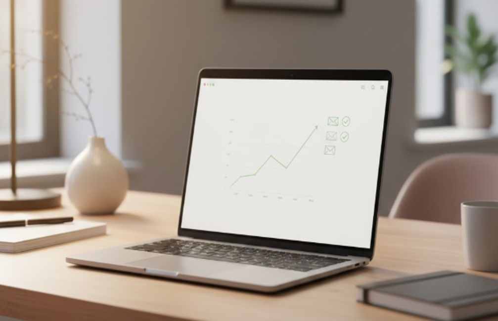 Laptop displaying a growth chart symbolizing increased visibility and new business inquiries for hospitality suppliers.