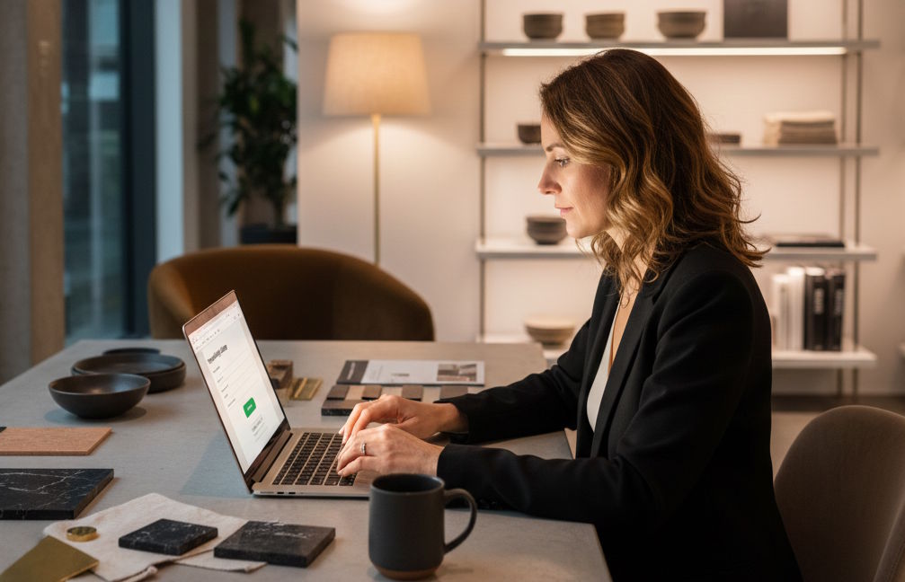 Hospitality supplier creating a business listing on a laptop in a modern showroom setting.