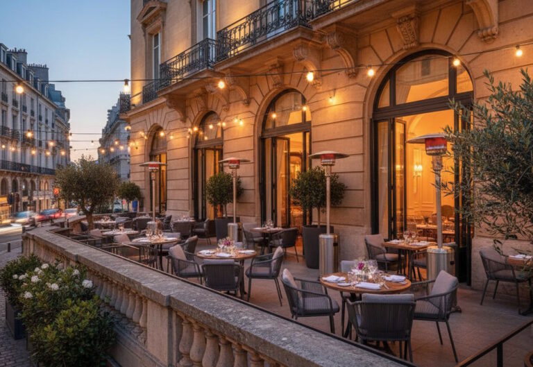 A refined boutique hotel exterior with an elegant restaurant terrace, warm evening lighting, and a welcoming hospitality atmosphere – representing curated spaces where design, dining culture, and premium guest experiences come together.